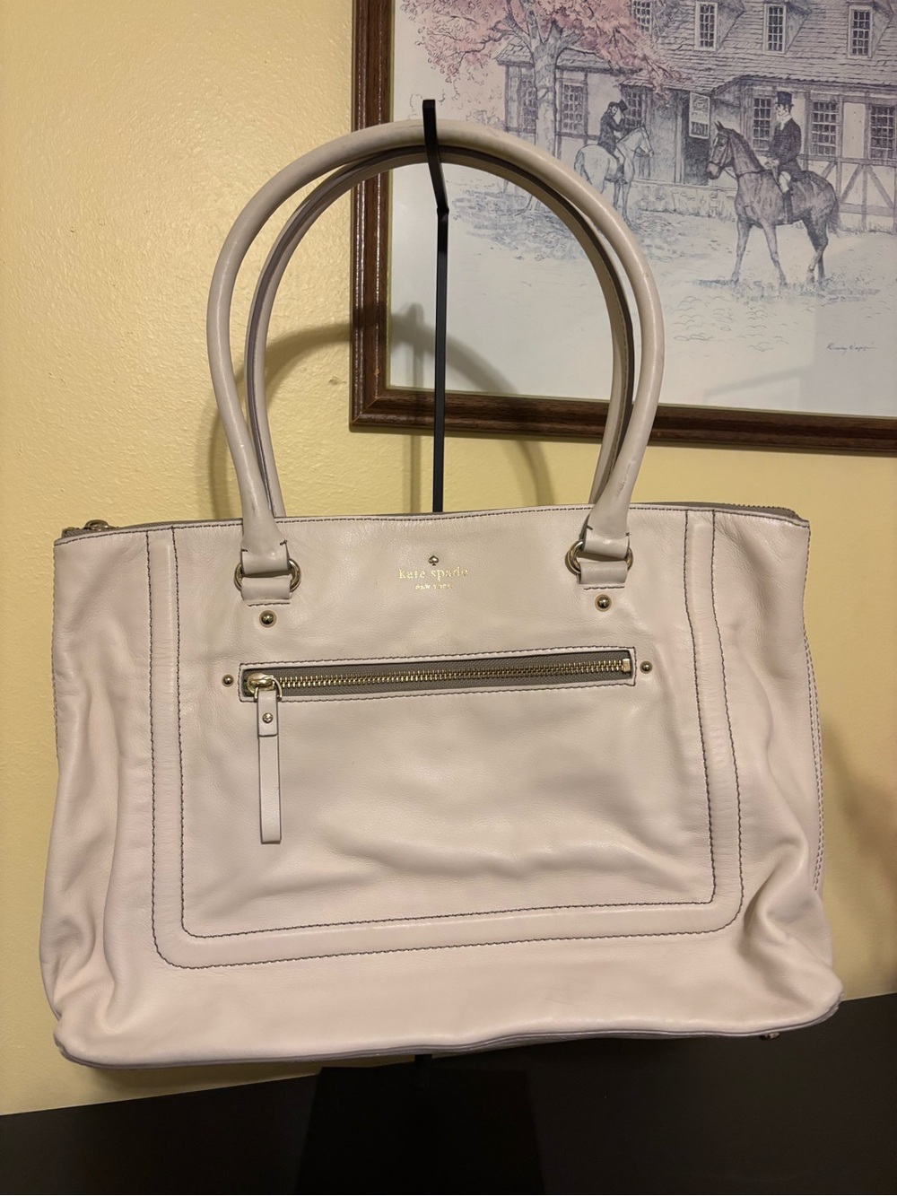 kate spade bone colored leather tote with front zip pocket